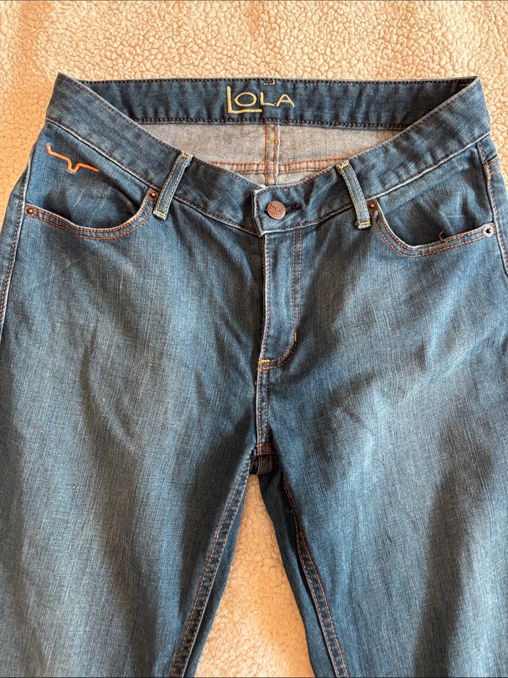 Kimes Ranch Lola Raw Hem Women's Boot Cut Jeans in Blue with Orange Stitching